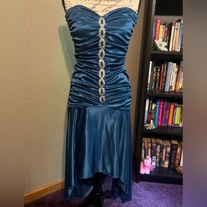 Elegant Dark Teal Strapless Hi/Lo Dress with Embellishments